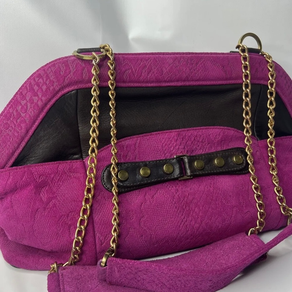 Fuchsia Shoulder Chain Bag Embossed Pink Suede